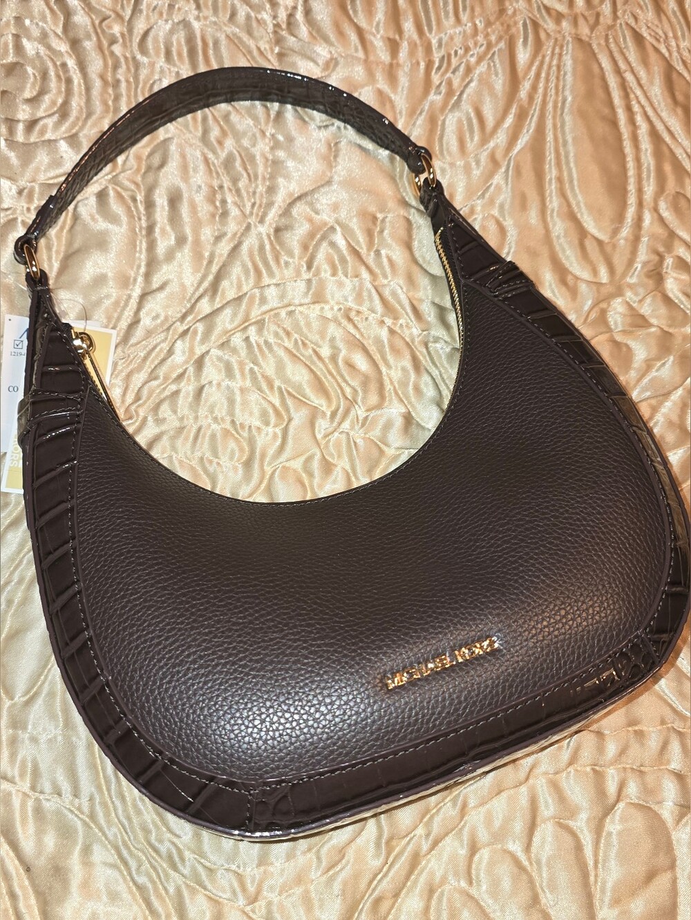 Michael Kors Preston Chocolate Brown Pebbled Leather Shoulder Bag with Croc Trim